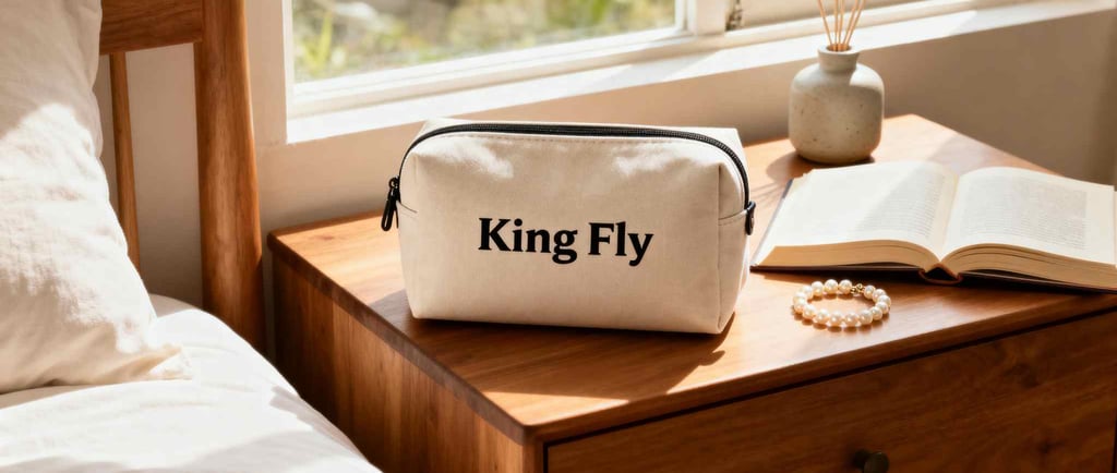A King Fly custom canvas pouch resting on a bedside table next to an open book.