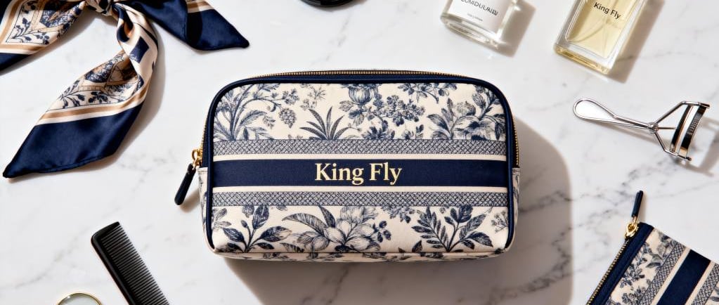 "The Porcelain Garden" GWP collection: a blue and white patterned cosmetic pouch set.