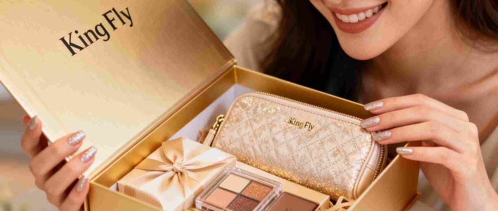A woman smiling as she unboxes a luxury GWP gift set containing a gold cosmetic pouch.
