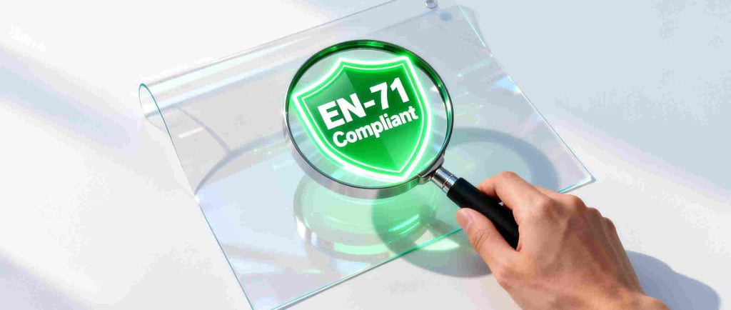  A magnifying glass over PVC material reveals "EN-71 Compliant" text, symbolizing foresight.