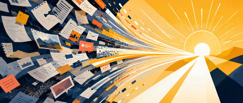 Abstract digital art of documents and data streaming toward a bright rising sun and open road.