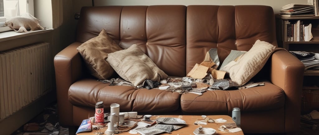 A cozy living room with a messy couch and a half-eaten snack on the table, reflecting a relaxed lifestyle.