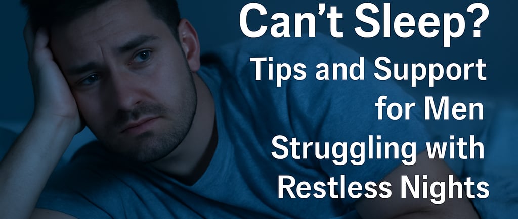 Tired man with messy hair lies in bed at night, staring at the ceiling, unable to sleep in a softly lit room.
