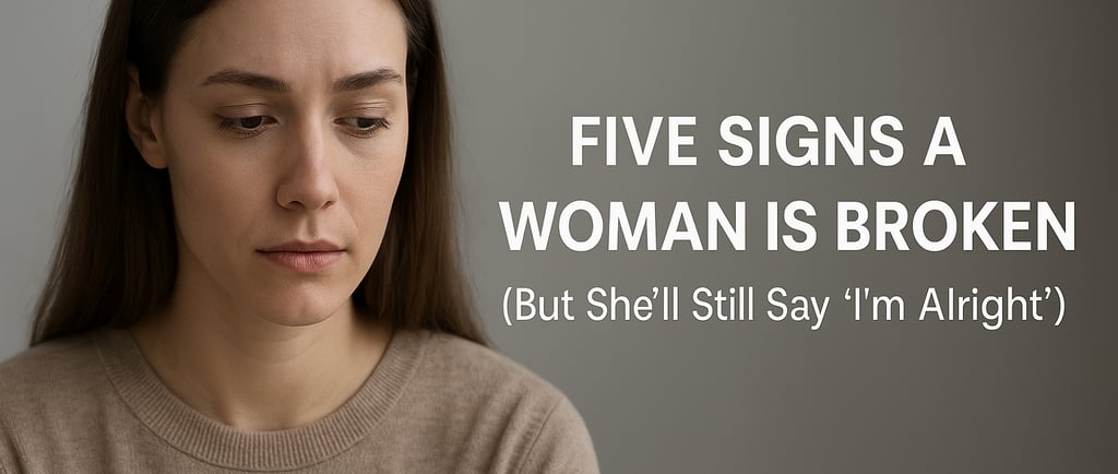 Thoughtful woman in sweater looking down, with blog text about hidden emotional pain and mental health awareness in woman