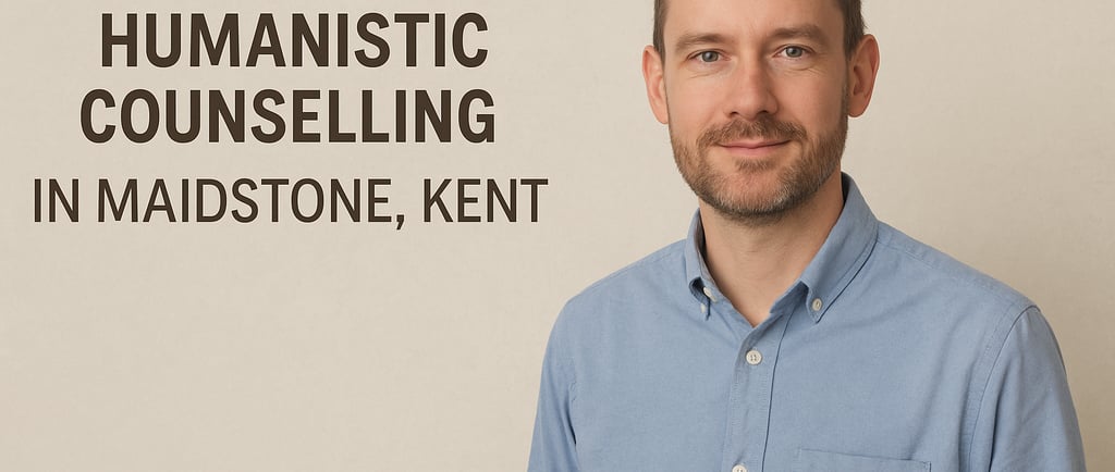 Man in blue shirt with text: Humanistic Counselling in Maidstone, Kent.