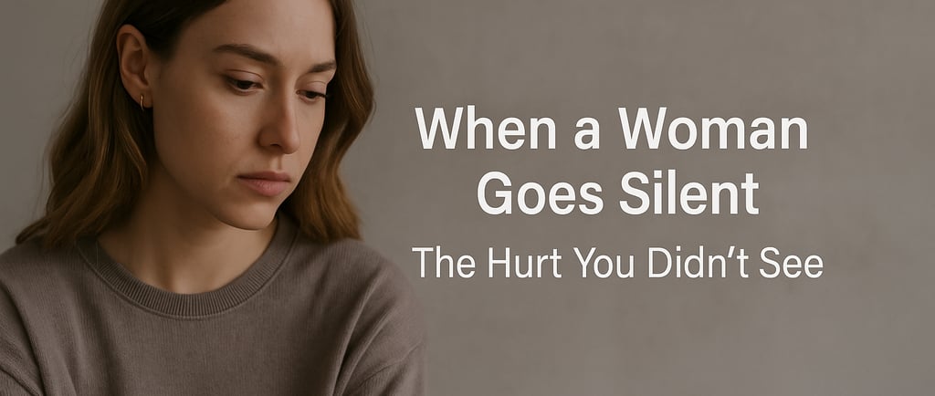 Solemn young woman in a taupe sweater looks down, with blog title “When a Woman Goes Silent: The Hurt You Didn’t See”