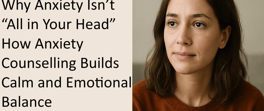 calm young woman in a rust sweater, symbolizing anxiety counselling.
