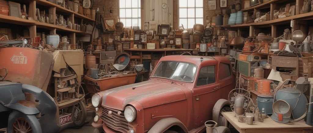 A small, dimly lit vintage shop filled with an eclectic assortment of items including a variety of hats, bags, and decorative objects. The shop has wooden shelves and cabinets, with hats displayed prominently. A chair sits near a sunlit window, adding a warm glow to the scene.