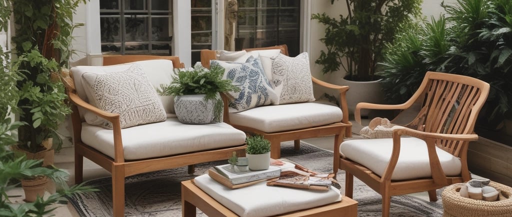 outdoor wood chairs, outdoor rug, pillows and plants