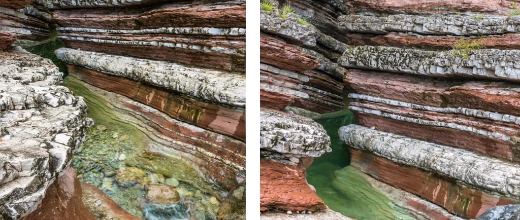 Brent de l’Art colorful rock layers and clear stream canyon in Belluno Prealps Veneto