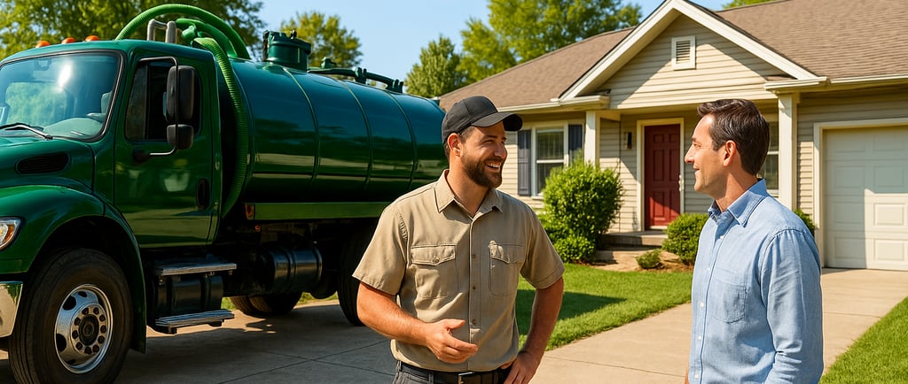 A sanitation worker stands beside a septic tank truck in a suburban Albany, New York driveway, speak