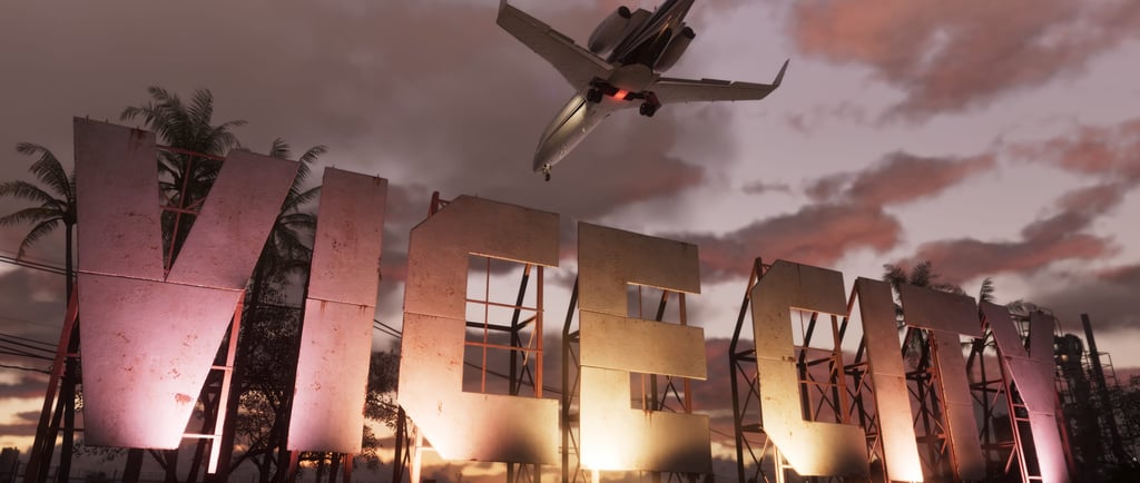 Imagem de um avião sobrevoando o letreiro da cidade fictícia "Vice City", do GTA 6.