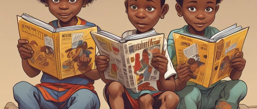 Five young children appear to be reading from various colorful books with illustrations on the covers. The children are seated closely together, engrossed in their books. Each child has distinct hair color and expression, contributing to a playful and whimsical atmosphere.