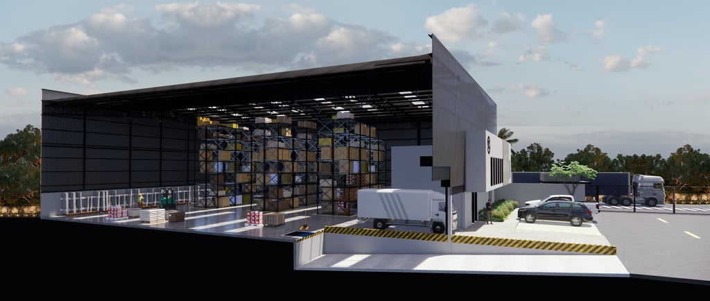 Modern industrial warehouse with high-density shelving, loading docks, and delivery trucks for logistics operations.