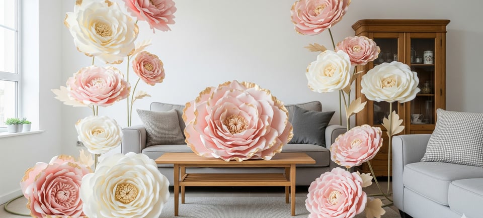 pink and white giant paper flowers display in living room