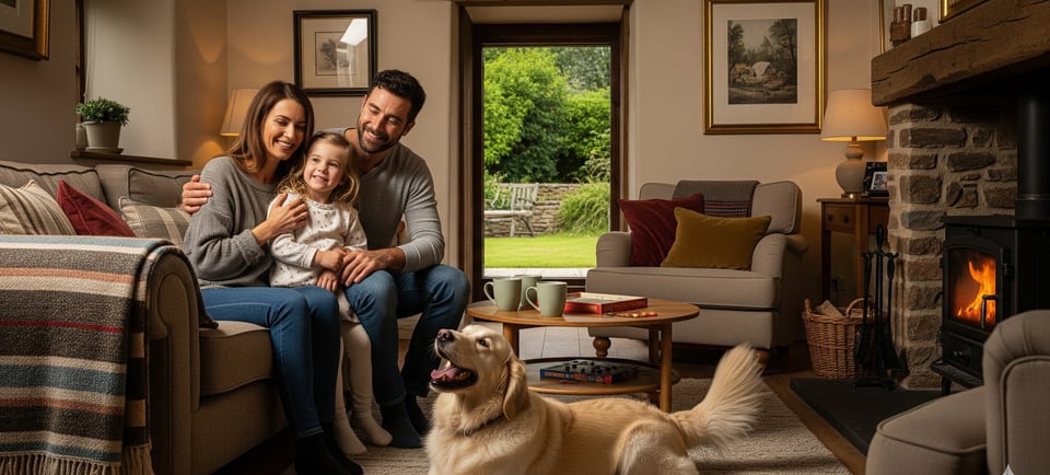a family sitting on a couch in a living room
