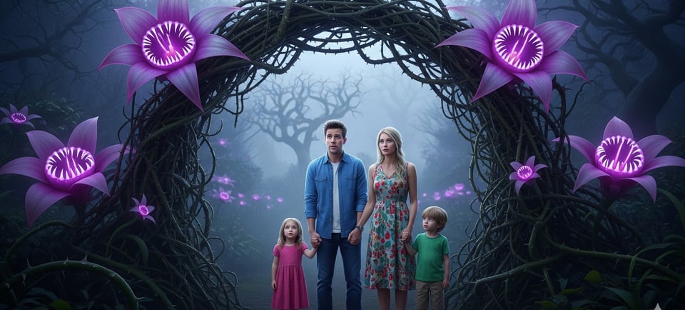 a family standing in front of a dark background