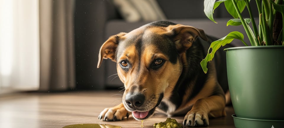 a dog is laying on the floor next to a potted plant