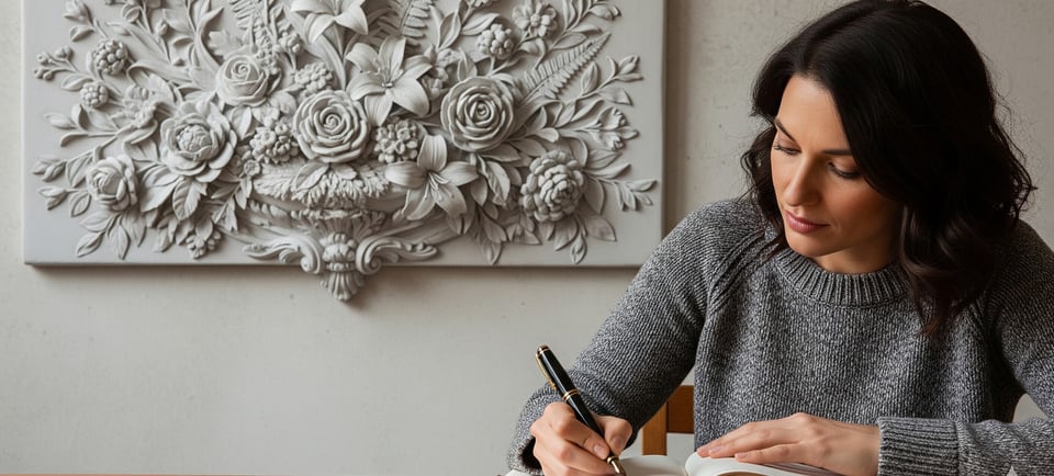 a woman is writing in a book