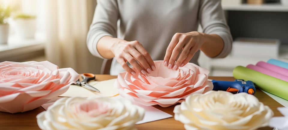 a woman is making a paper flower arrangement