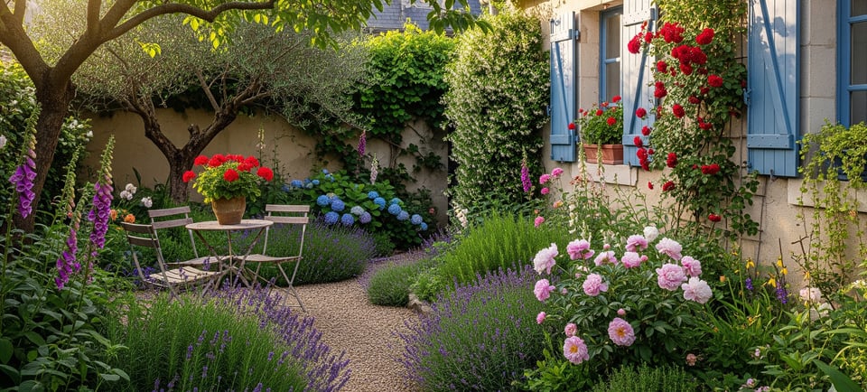 a garden with a table and chairs and flowers