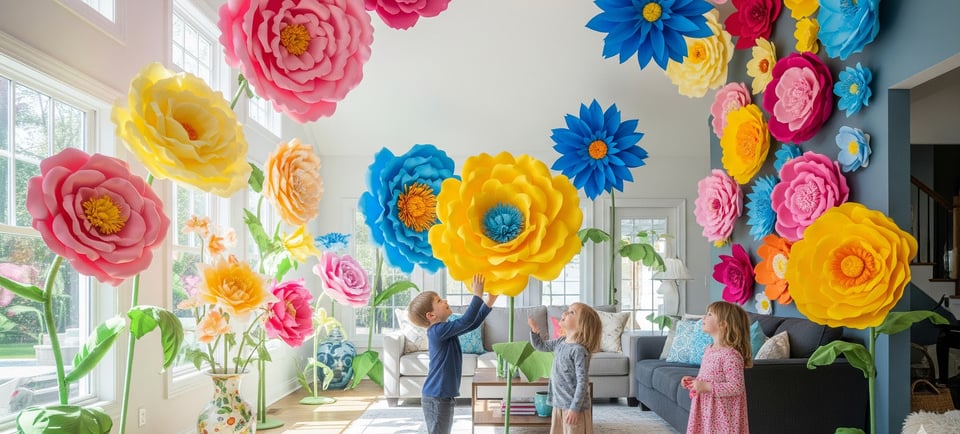 two children playing with giant paper flowers