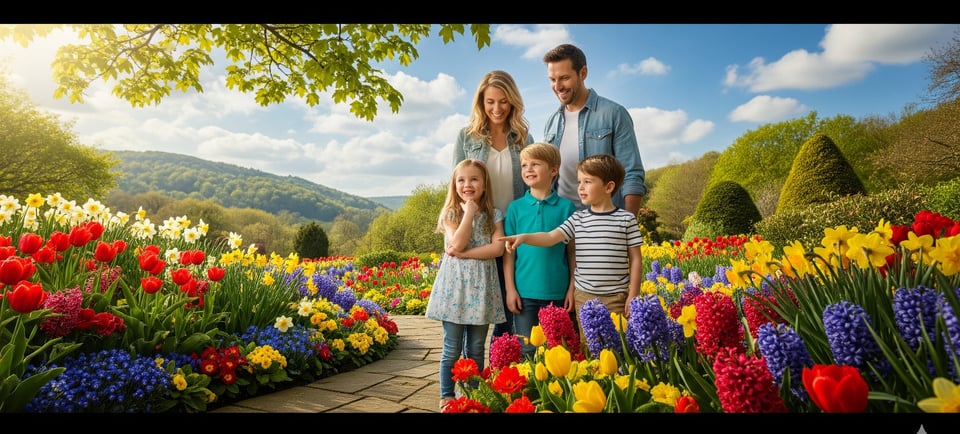 a family of four standing in a garden