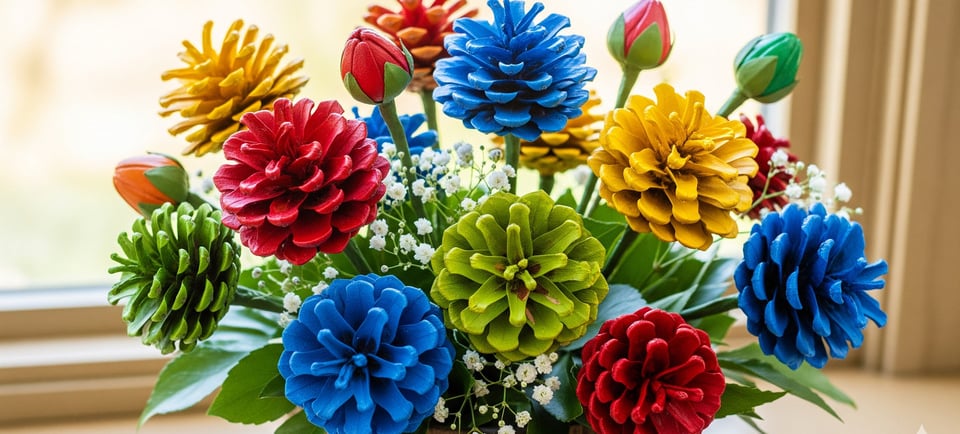 do it yourseld  pine cone flowers in a vase on a table