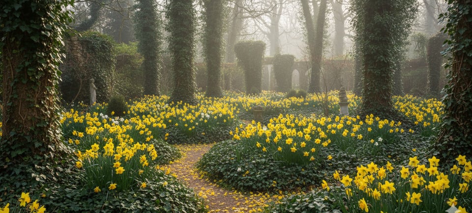 a garden with a path leading through a garden