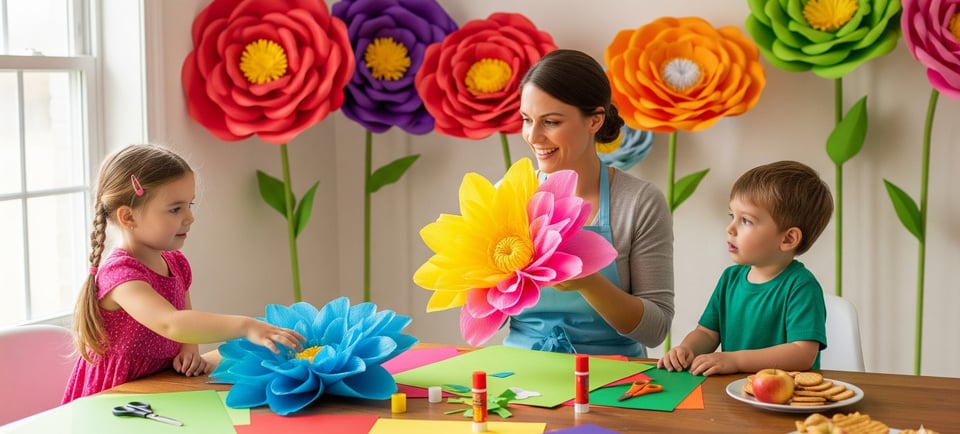 a woman and two children at a table with paper flowers