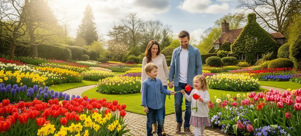 a family of three children walking through a garden