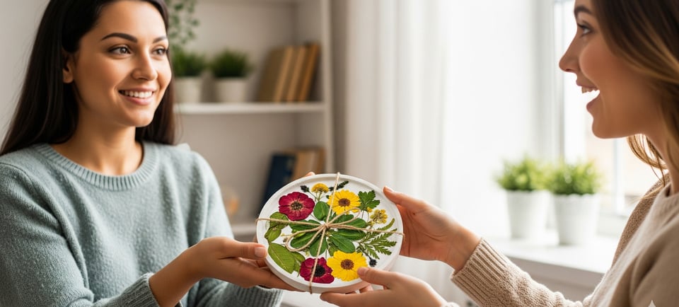 a woman holding a plate with flowers on it