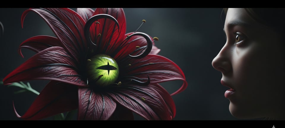 a woman with a flower in a dark room