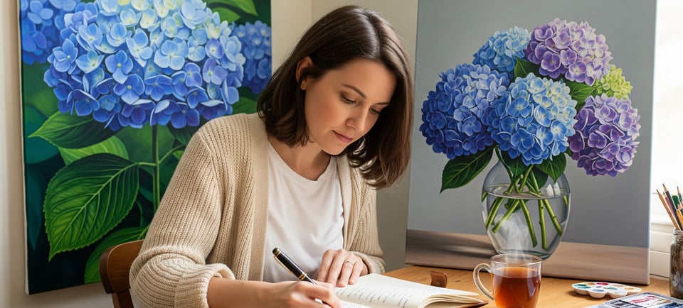 a woman is sitting at a table with a cup of coffee and a book
