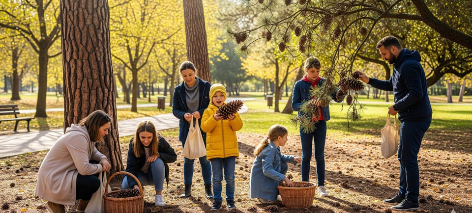 a family gathering in a park with a child in a basket