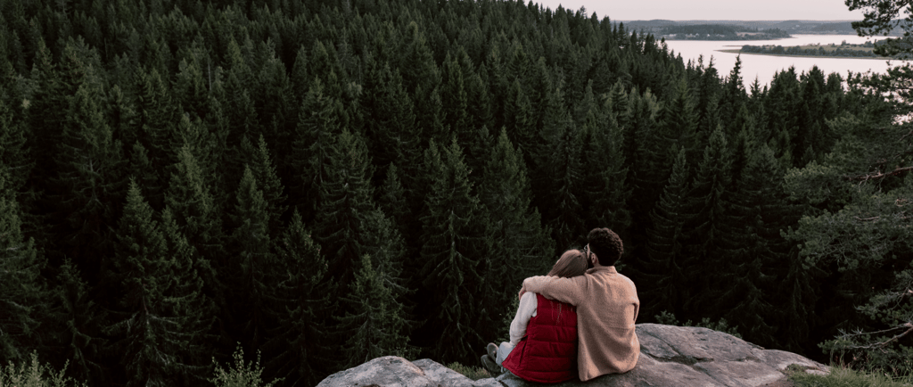 Couple sitting together on a cliff overlooking a pine forest, embracing each other