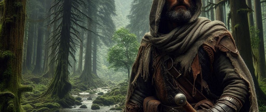 A bearded man in a hood carrying a medieval sword stands by a stream in the forest surveying his location