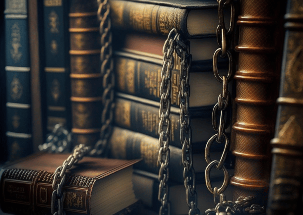 AI generated image of a stack of leatherbound books wrapped in chains