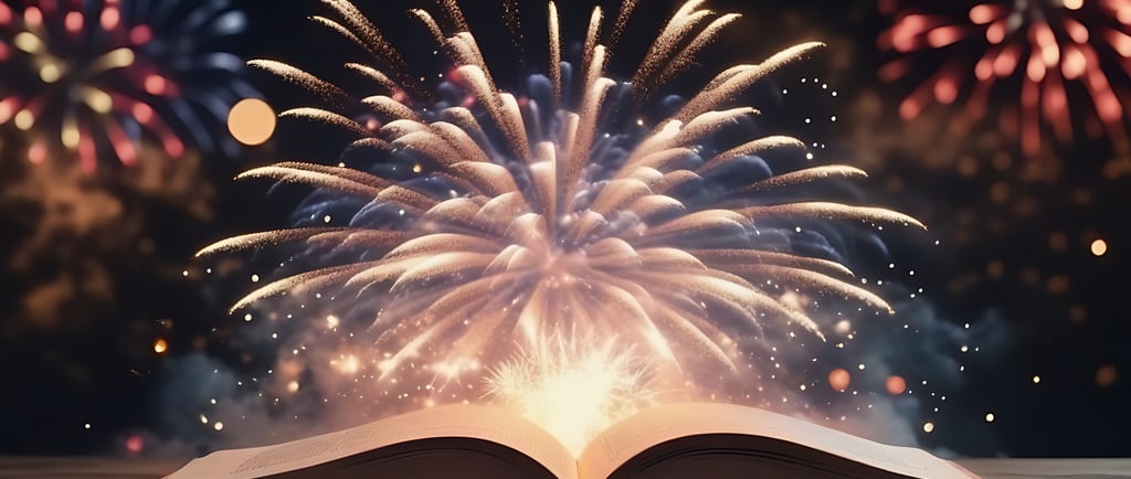 Fireworks exploding from the pages of an open book