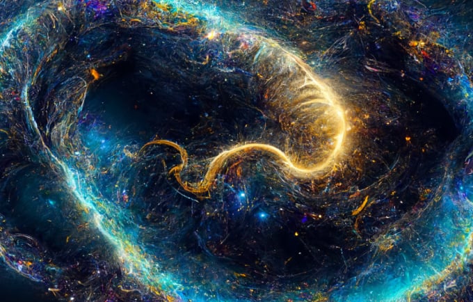 Ephemeral purple, teal, and gold gasses swirling in the blackness of space