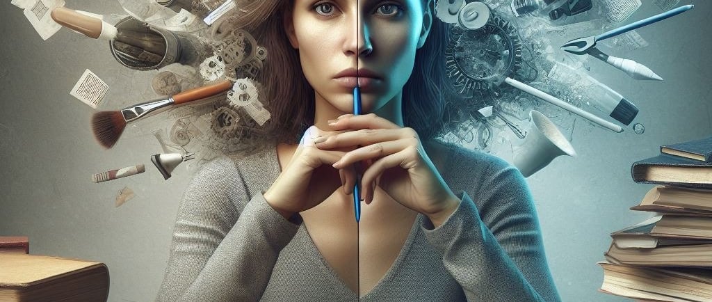 A young woman whose image is divided vertically down the middle representing two different ways of thinking