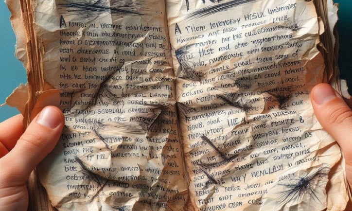 A scrunched and torn notebook held by two hands contains scribbled notes on trauma