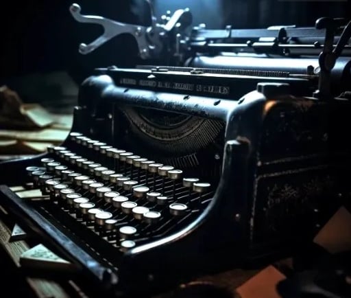 AI generated image of an ancient typewriter sitting on a desk with a natural bokeh or blur effect on the office background