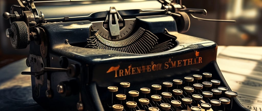 AI generated image of an ancient typewriter sitting on a desk with a natural bokeh or blur effect on the office background