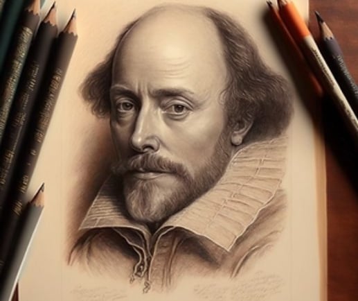 AI generated image of several pencils lying beside a drawing of William Shakespeare