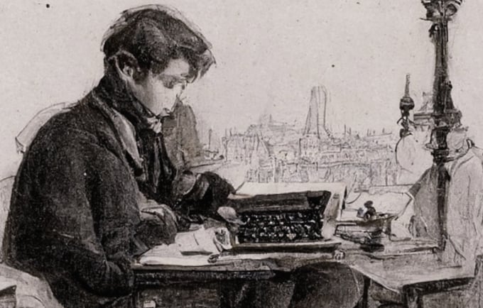 AI generated black and white line drawing of a young writer in 19th century Paris