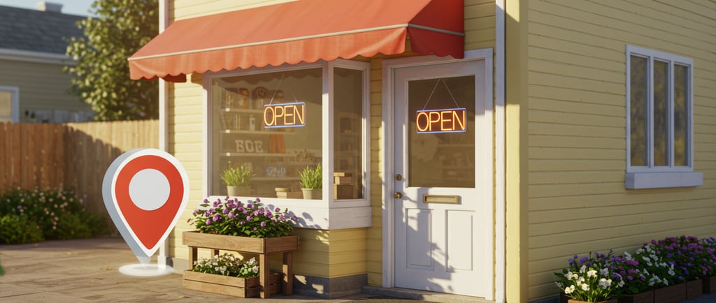 image of a small storefront with Google Maps pin icon