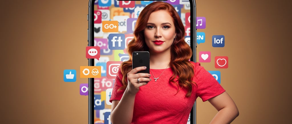 woman standing in front of smartphone with social media logos in the background