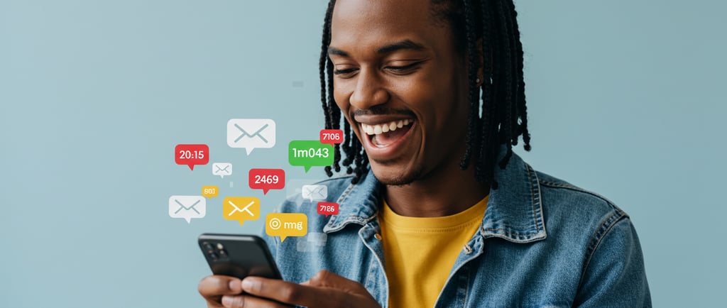a person happily looking at their phone with several email notification bubbles