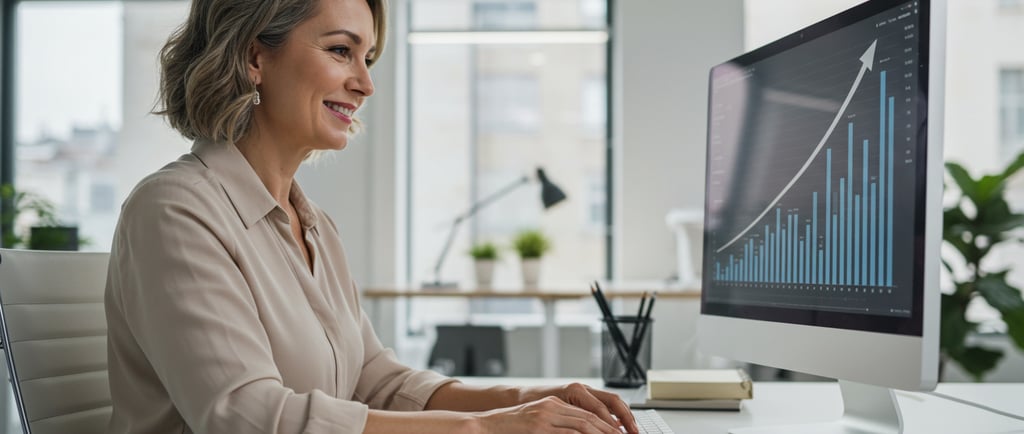 a person confidently typing on a keyboard with a graph trending upwards in the background